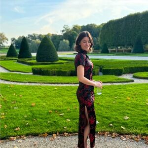 Vintage Red and Black Qipao - XS Chinese Style Full Length Dress - Long Slit